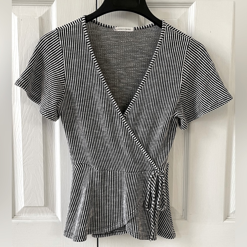 Striped Black & White Wrap Peplum Top